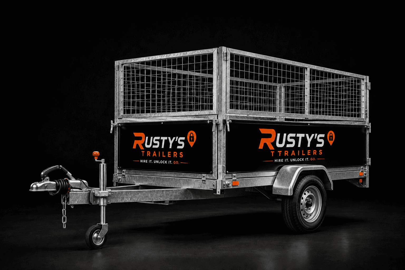 Single-axle braked caged utility trailer illustration in Rusty’s Trailers branding