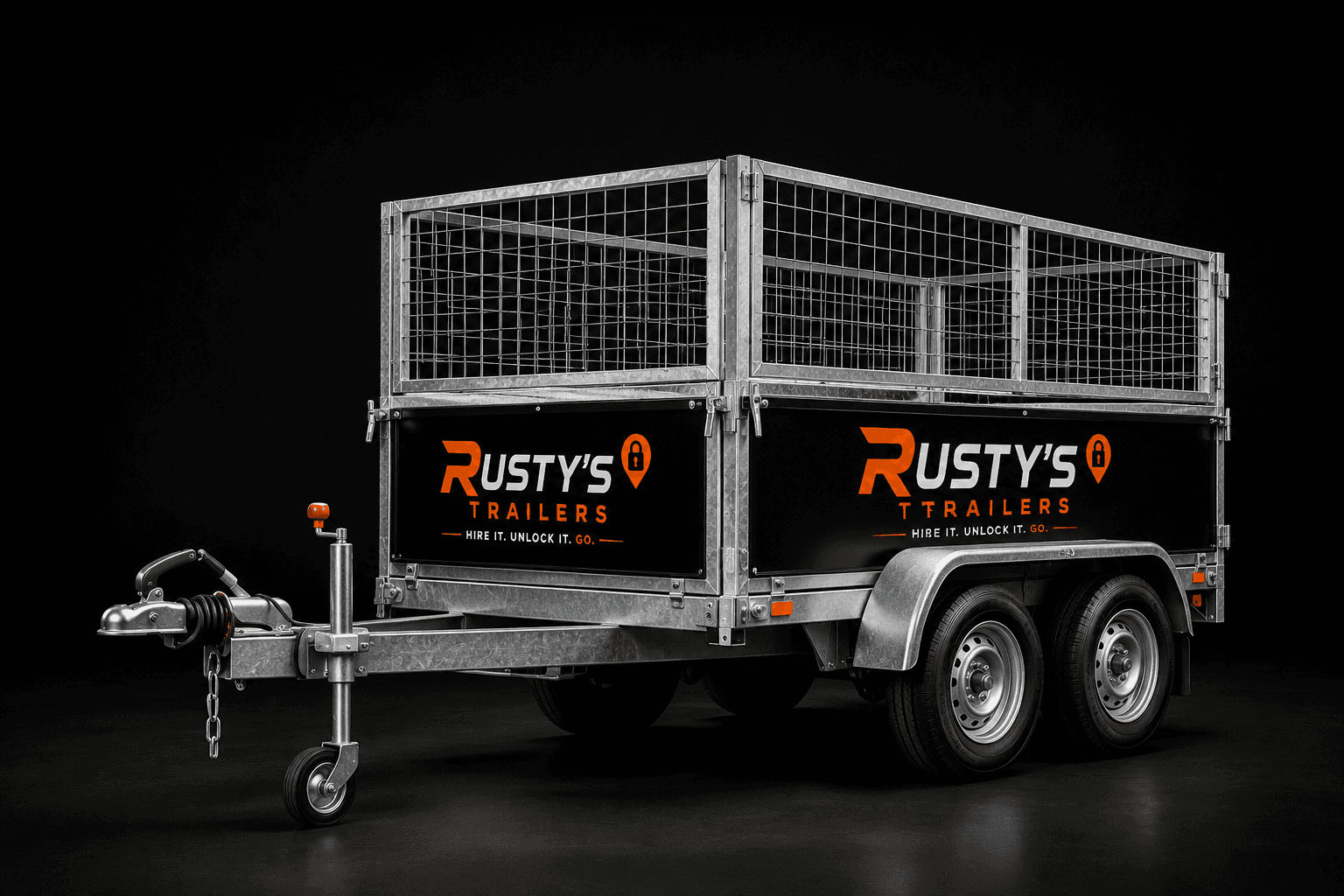 Caged utility trailer illustration in Rusty’s Trailers branding